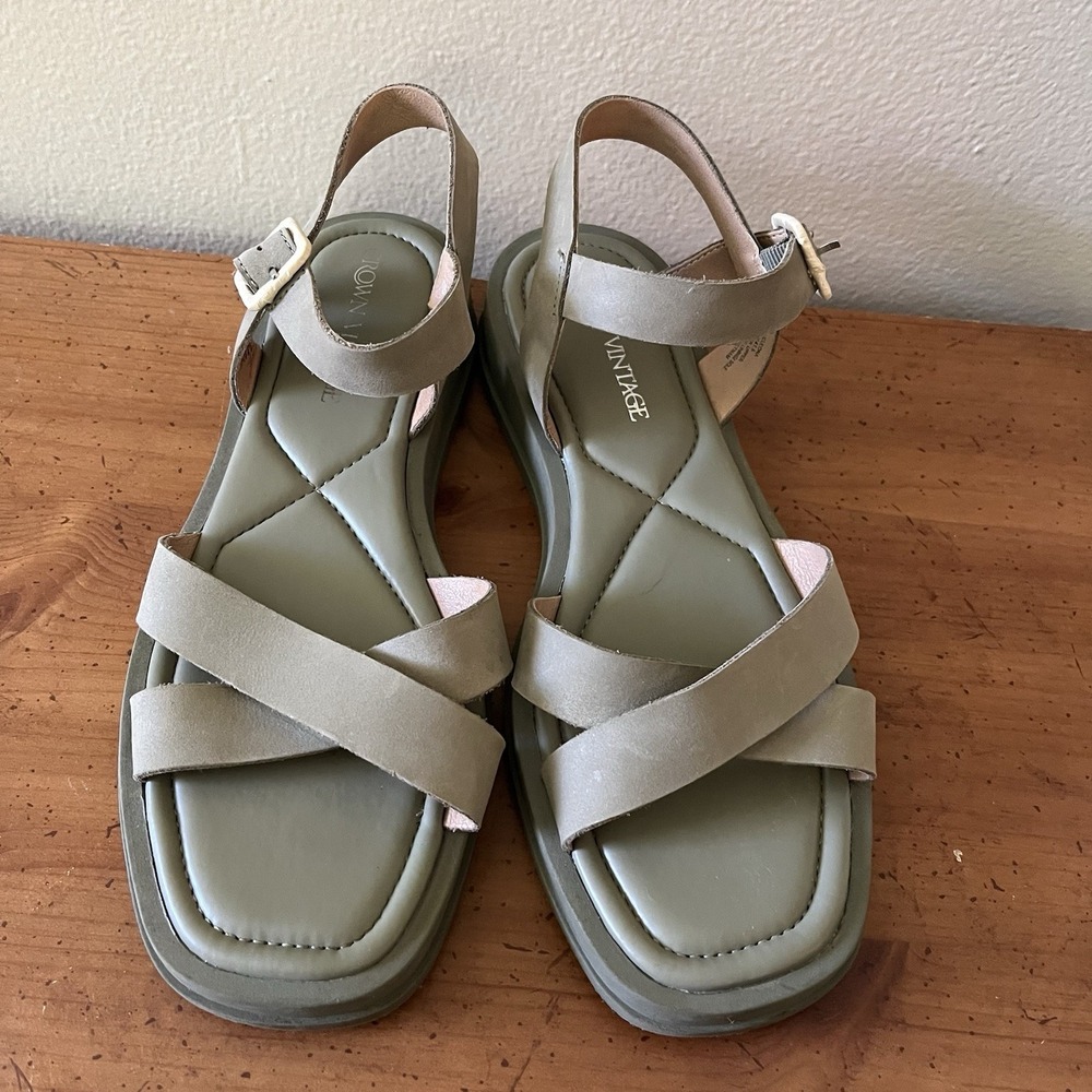 Woman's Sandals 10 Green Leather Cross Cross Boho Flatform Platform Cross Cross - Picture 3 of 8